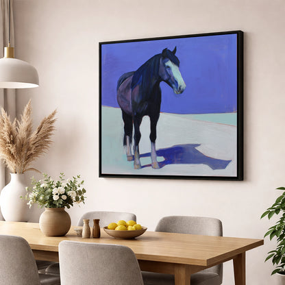The Indigo Shadow horse portrait wall art displayed in a dining room