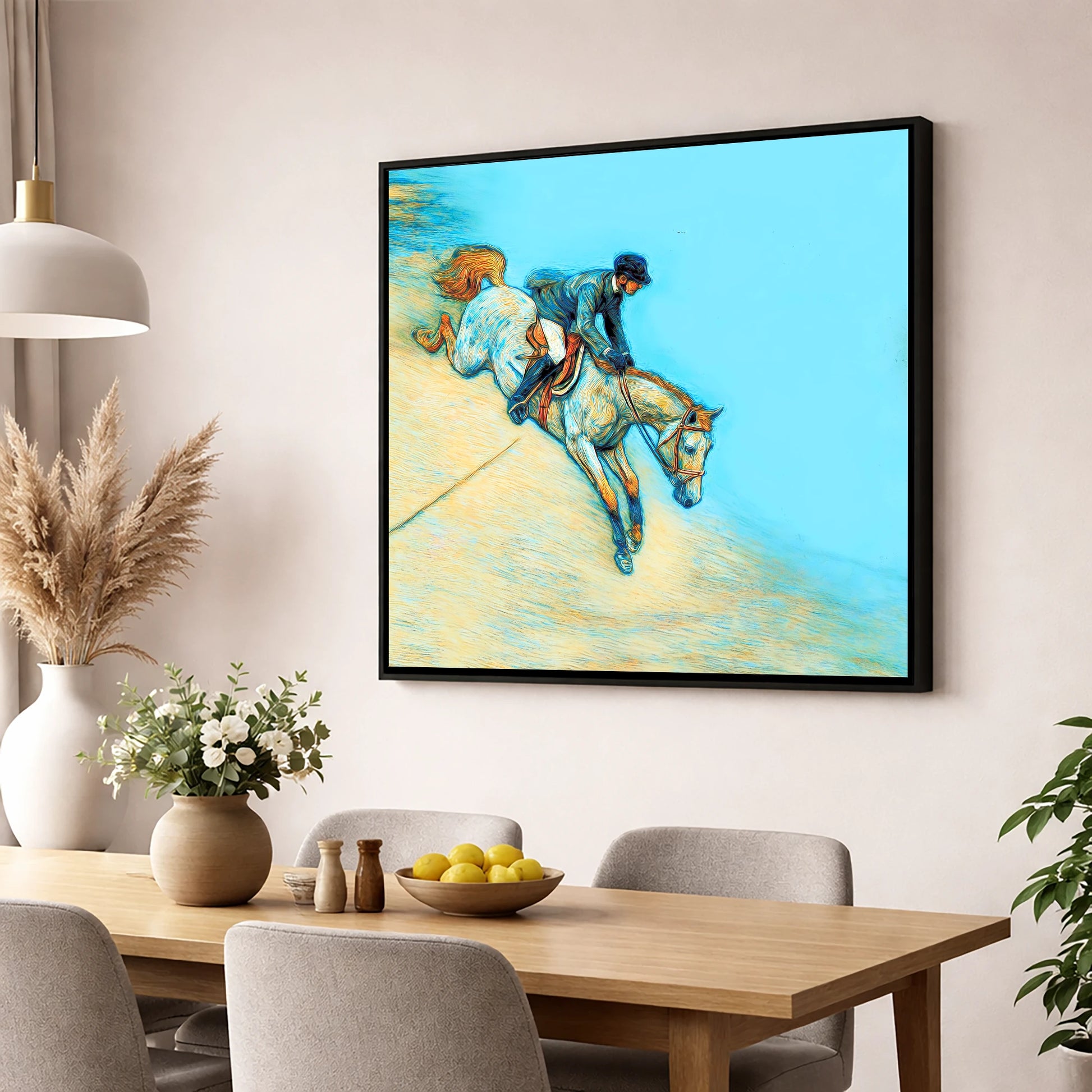 Bold Cerulean Flight show jumping horse wall art displayed in a dining room