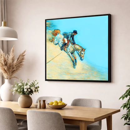 Bold Cerulean Flight show jumping horse wall art displayed in a dining room