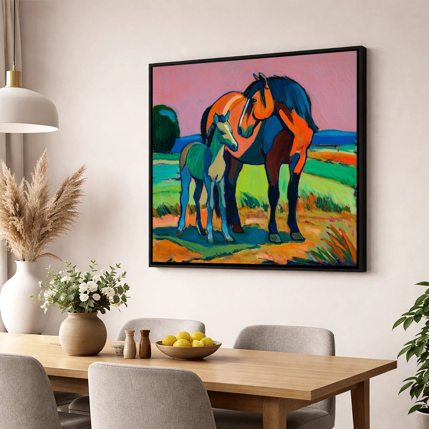 Vivid Bonds mare & foal wall art displayed in a dining room