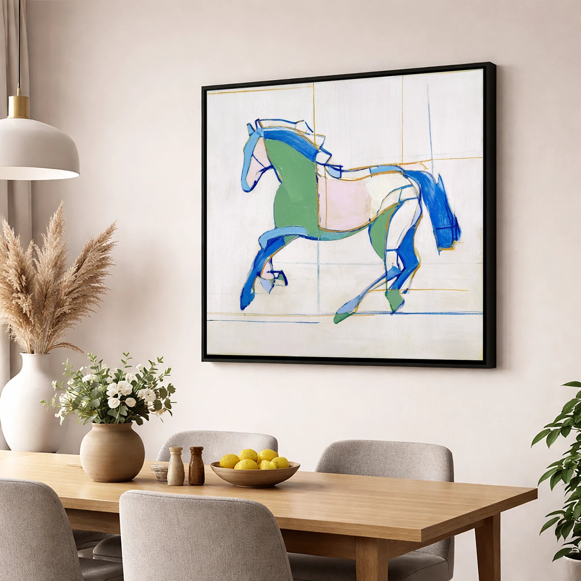 Azure and Emerald Canter horse portrait wall art displayed in a dining room