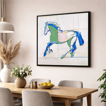 Azure and Emerald Canter horse portrait wall art displayed in a dining room