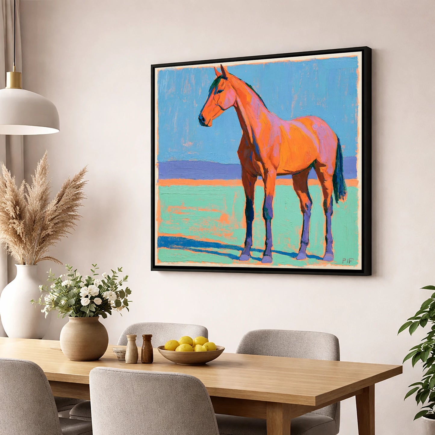 Vibrant Orange Horse Portrait horse breed wall art displayed in a dining room