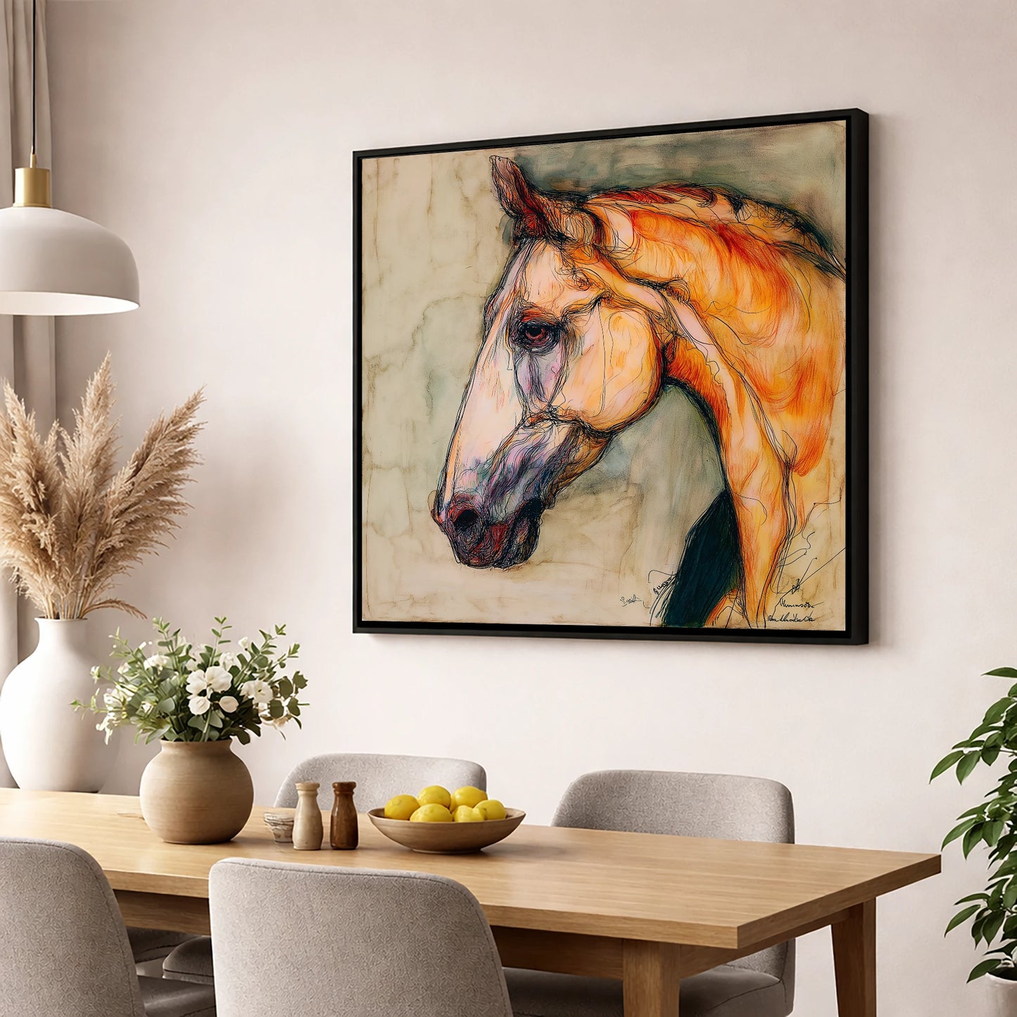 Sienna Wash Equine Study horse portrait wall art displayed in a dining room