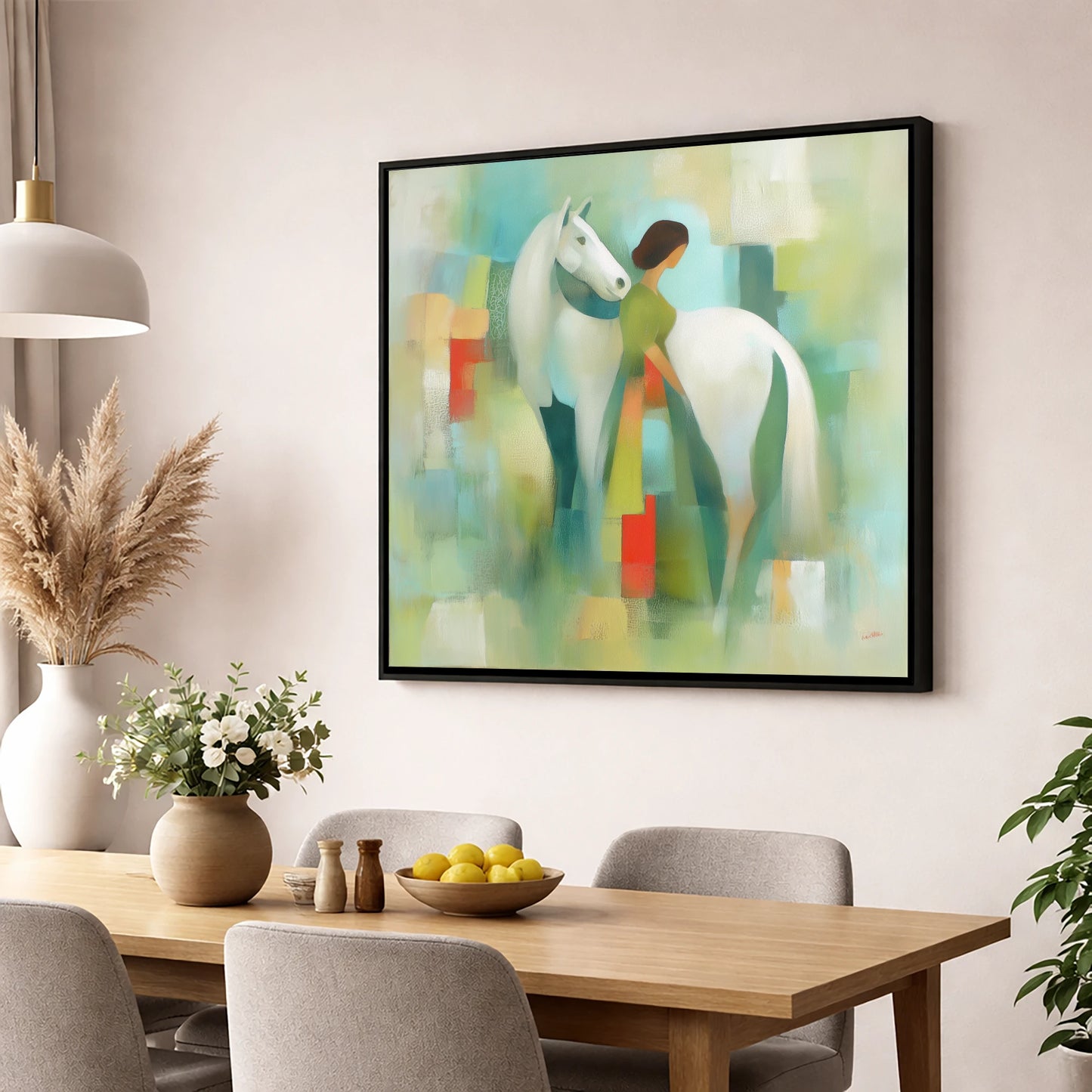 Verdant Harmony horse & rider wall art displayed in a dining room