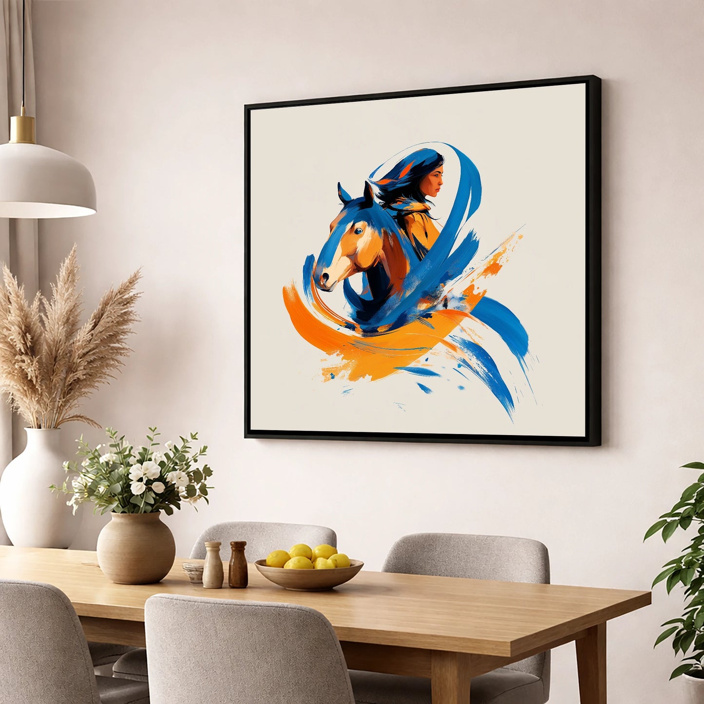 Spirits Entwined horse & rider wall art displayed in a dining room