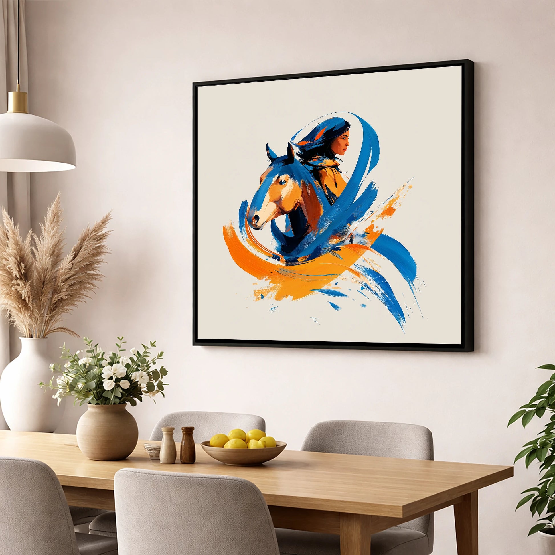 Spirits Entwined horse & rider wall art displayed in a dining room