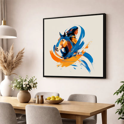 Spirits Entwined horse & rider wall art displayed in a dining room