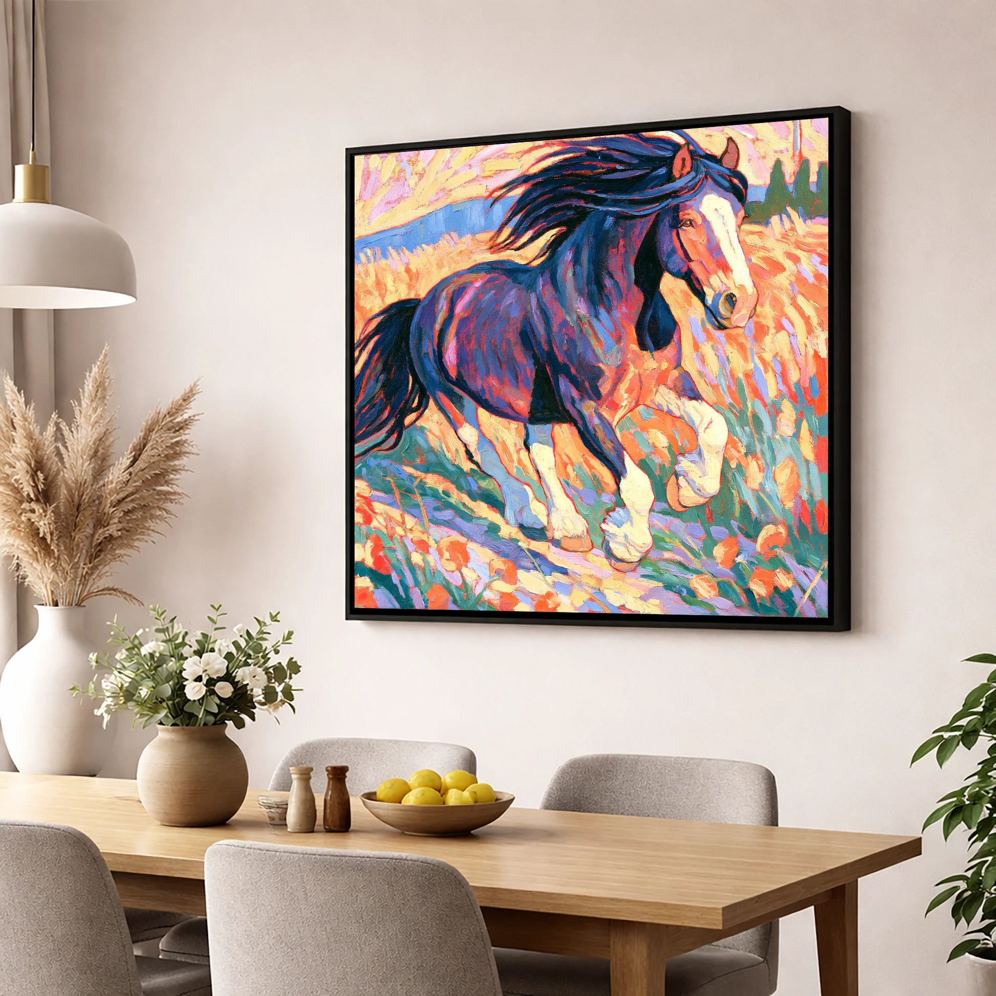 Colourful Cantering Heavy Horse horse breed wall art displayed in a dining room
