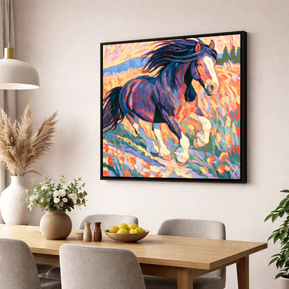 Colourful Cantering Heavy Horse horse breed wall art displayed in a dining room