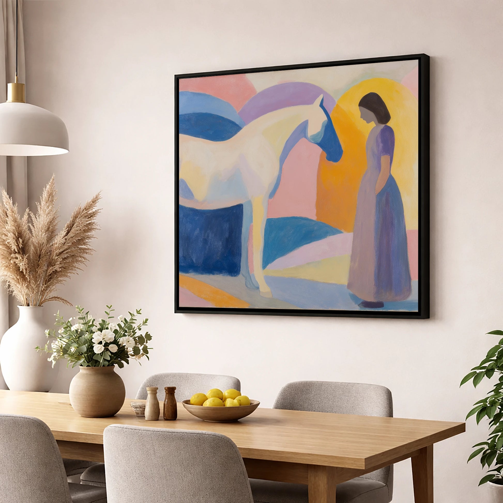 Quiet Connection horse & rider wall art displayed in a dining room