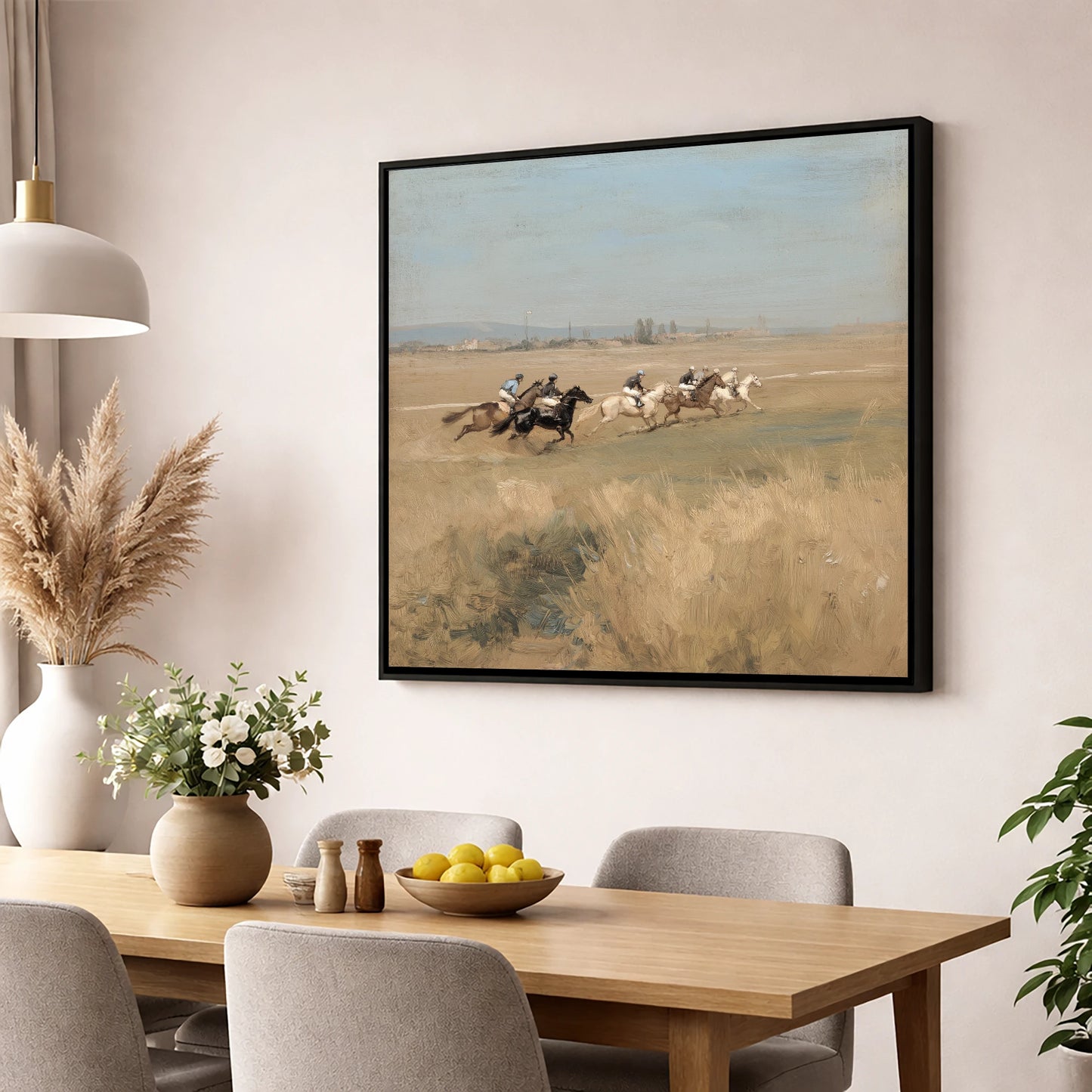 The Morning Gallop racing horse wall art displayed in a dining room