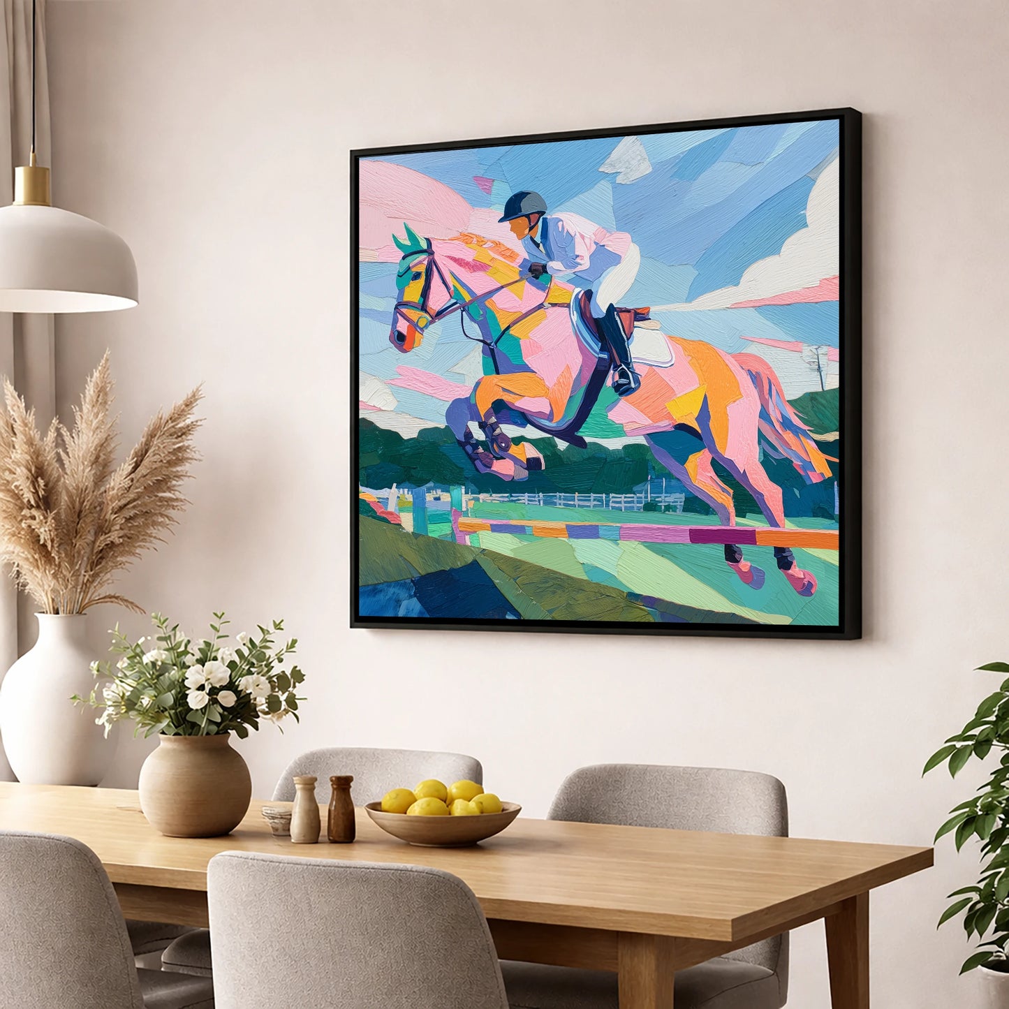 Kaleidoscope Leap show jumping horse wall art displayed in a dining room