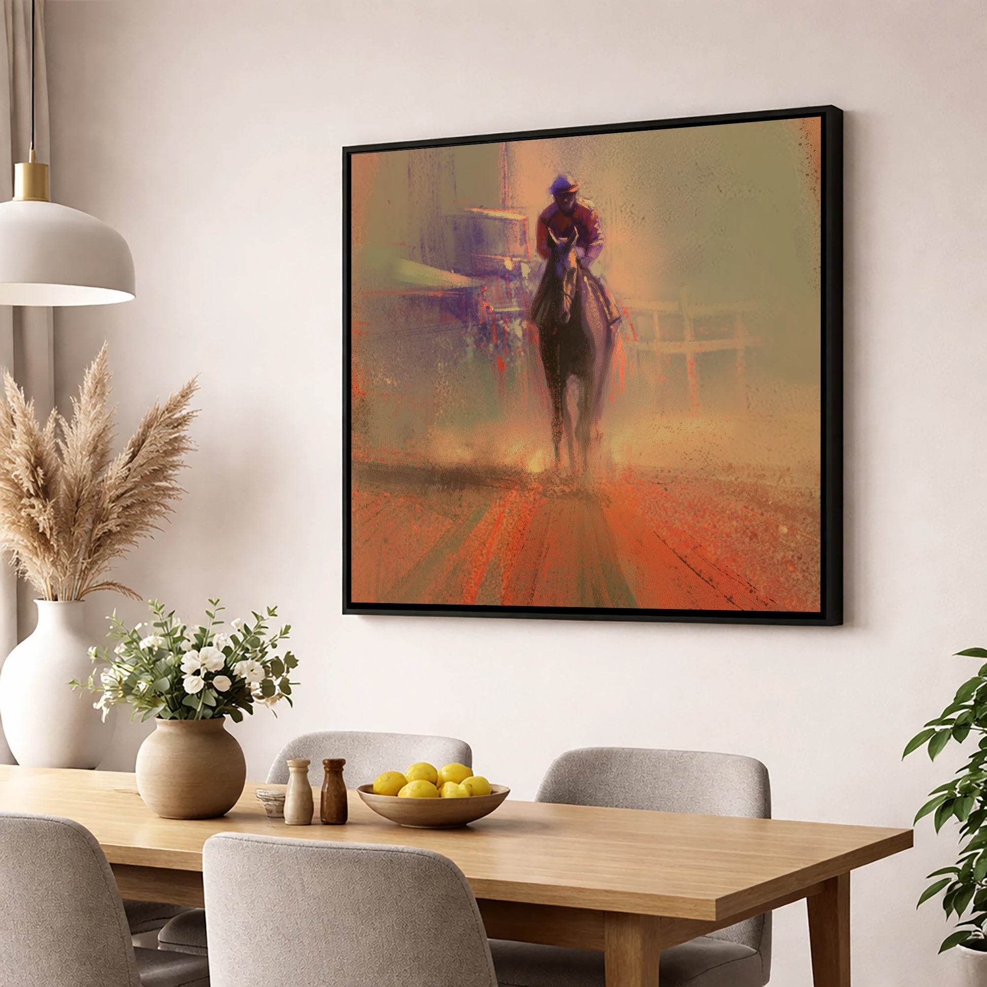 Emerging From The Dust racing horse wall art displayed in a dining room