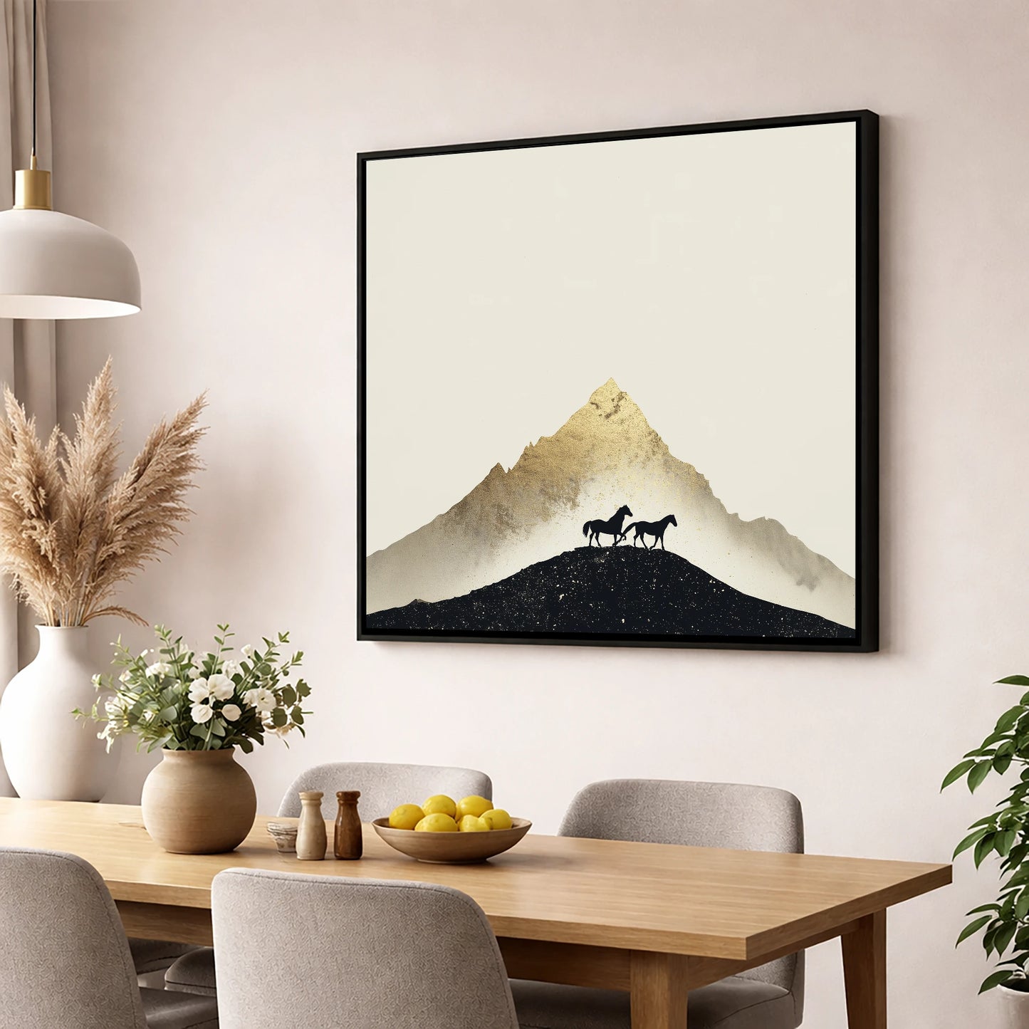The Golden Trail horse landscape wall art displayed in a dining room