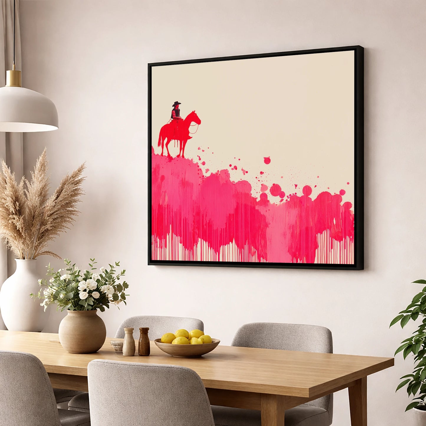 Magenta Maverick western horse wall art displayed in a dining room
