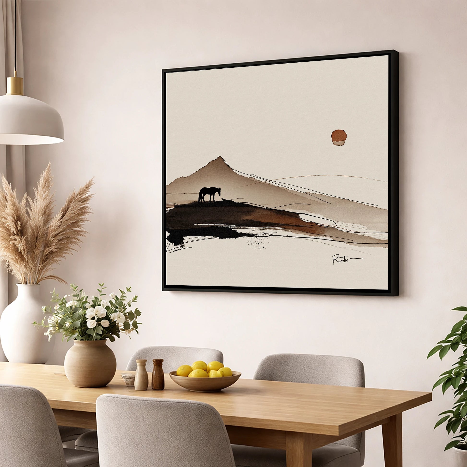 Solitude Beneath the Peak horse landscape wall art displayed in a dining room