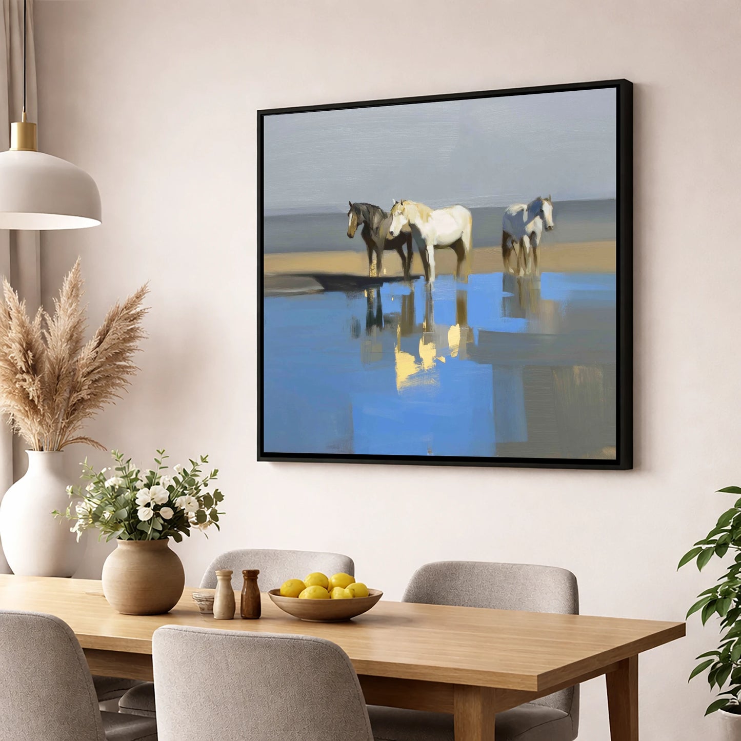 Azure Shore Reflections wild horses wall art displayed in a dining room