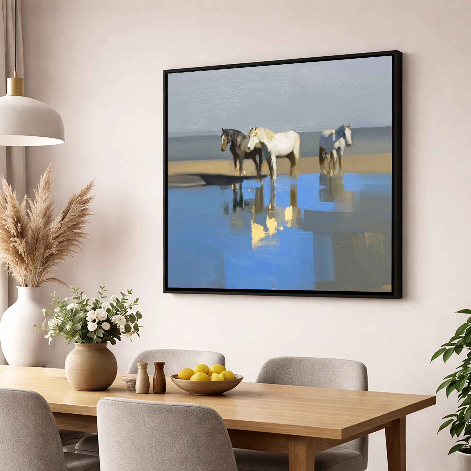 Azure Shore Reflections wild horses wall art displayed in a dining room