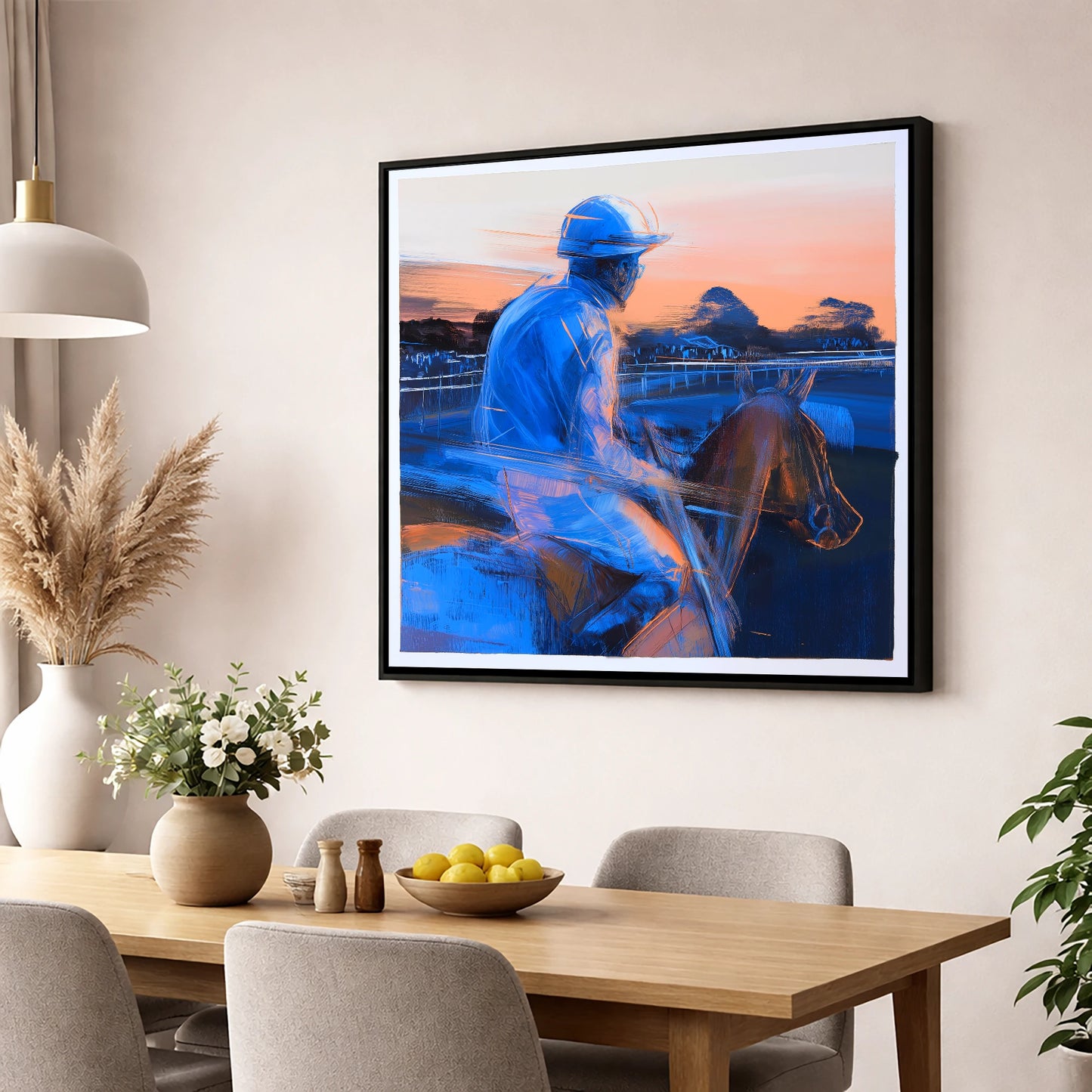 Dawn on the Gallops racing horse wall art displayed in a dining room