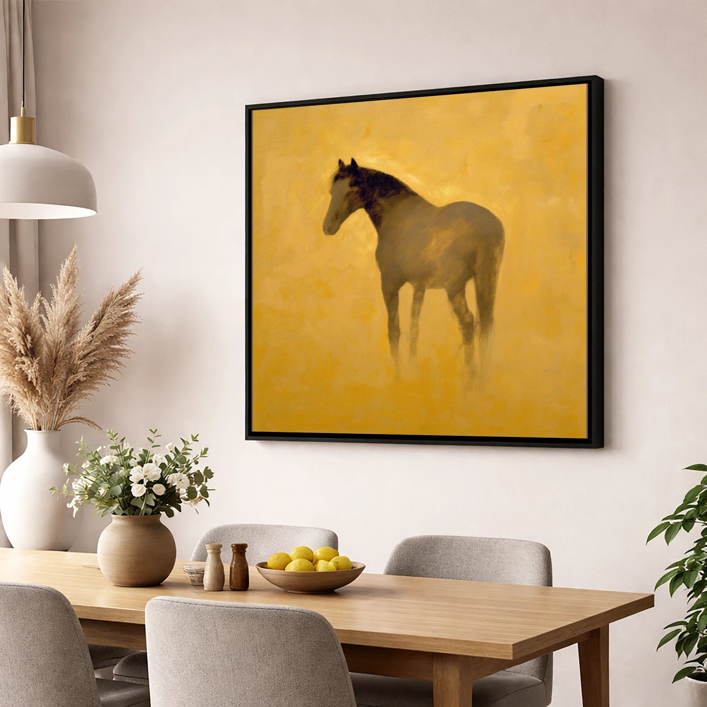 Golden Equine Silhouette horse portrait wall art displayed in a dining room