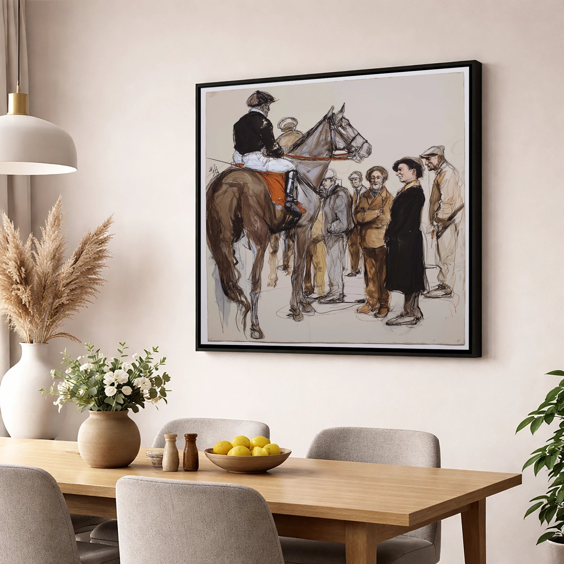 The Paddock Assembly racing horse wall art displayed in a dining room