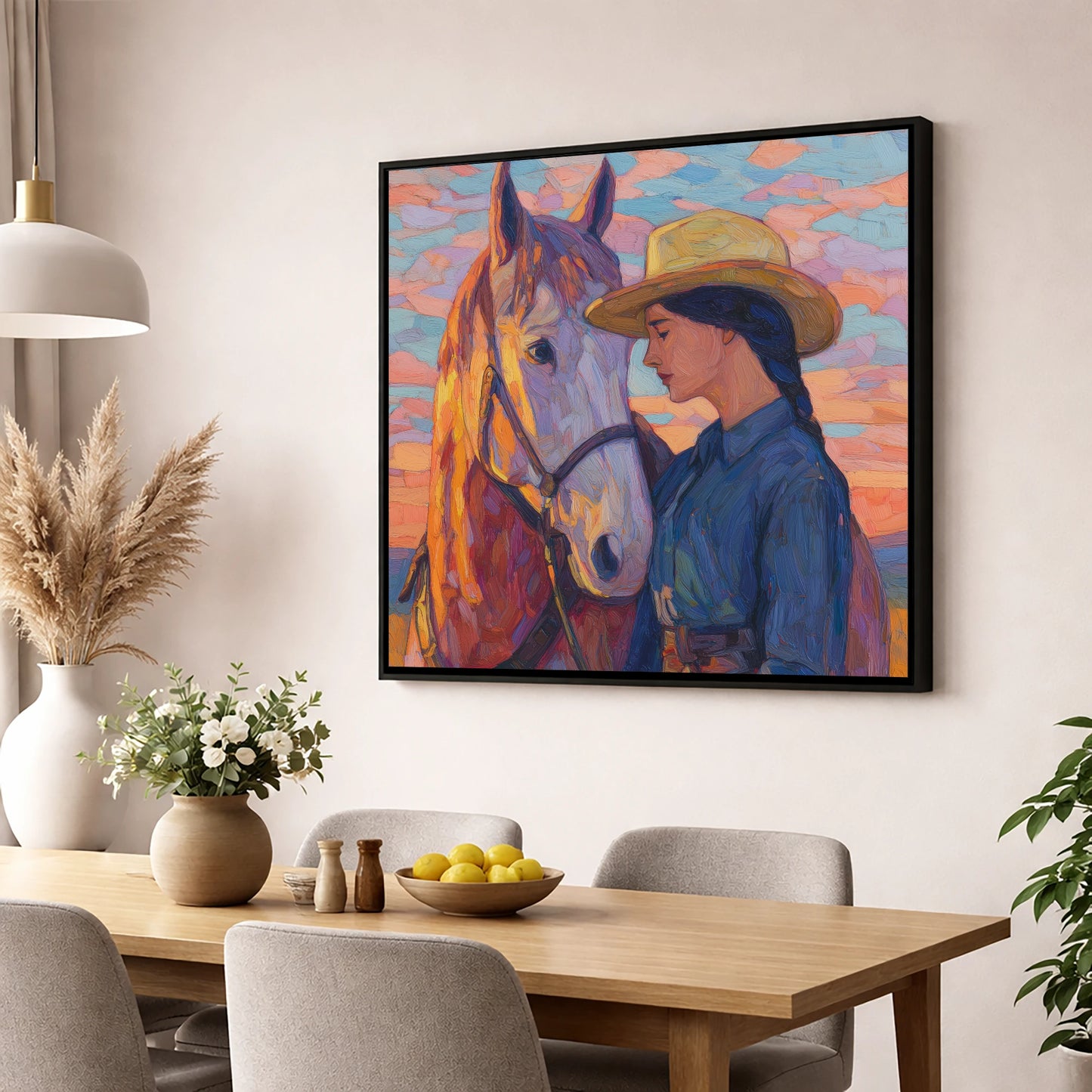 The Sundown Bond horse & rider wall art displayed in a dining room