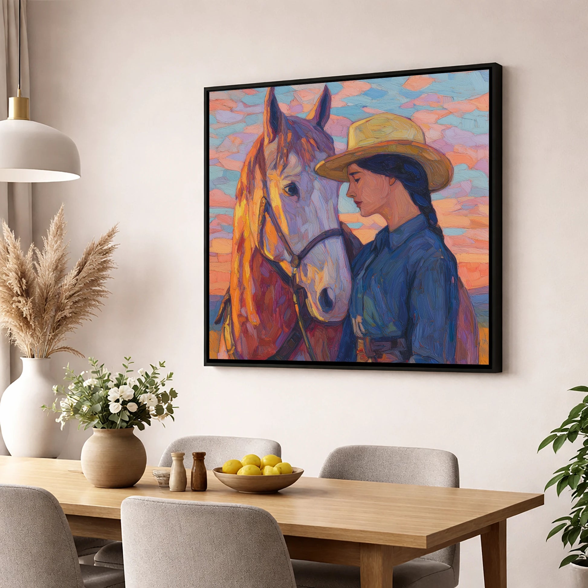 The Sundown Bond horse & rider wall art displayed in a dining room