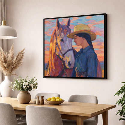 The Sundown Bond horse & rider wall art displayed in a dining room