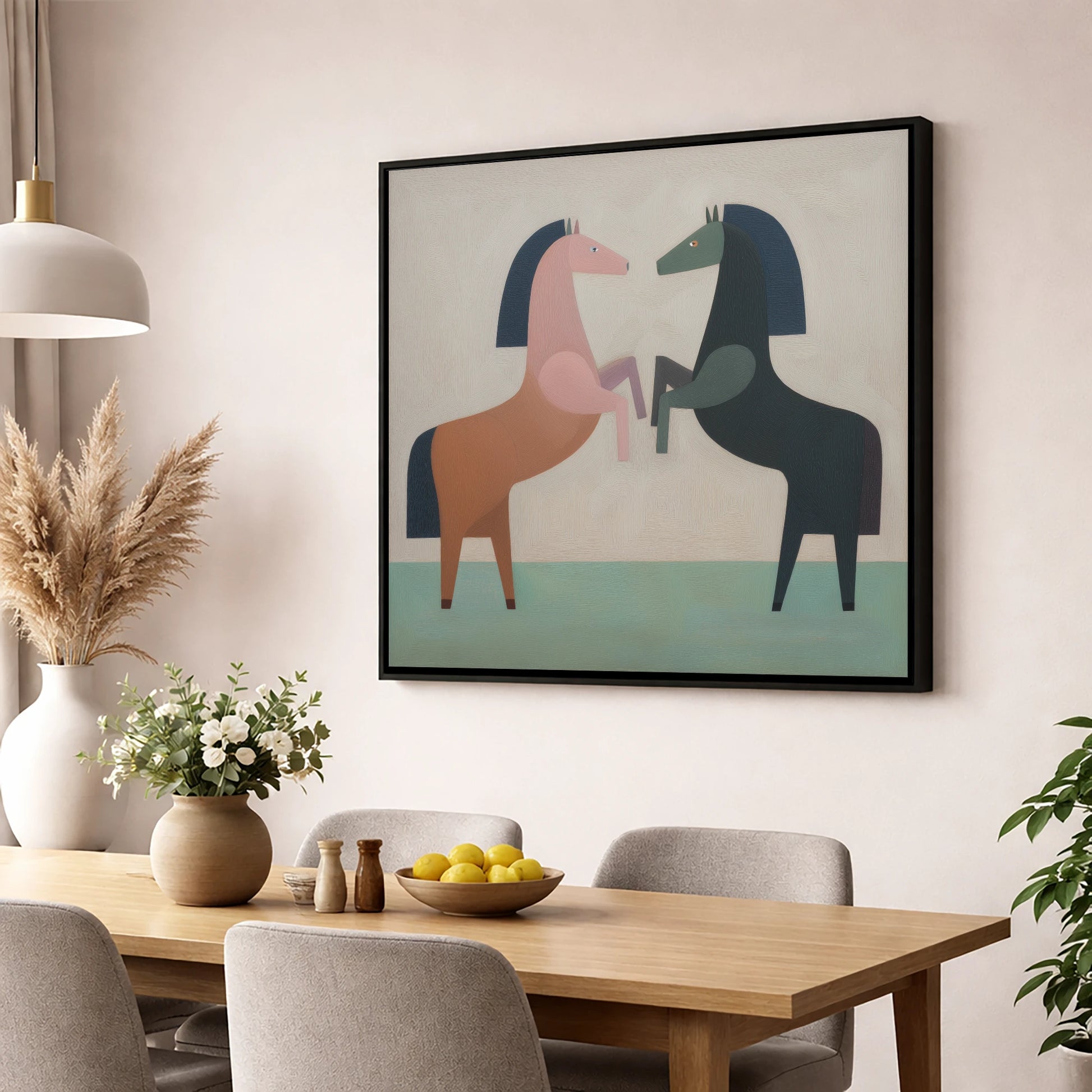 Symmetrical Equine Balance wild horses wall art displayed in a dining room
