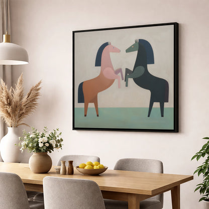 Symmetrical Equine Balance wild horses wall art displayed in a dining room