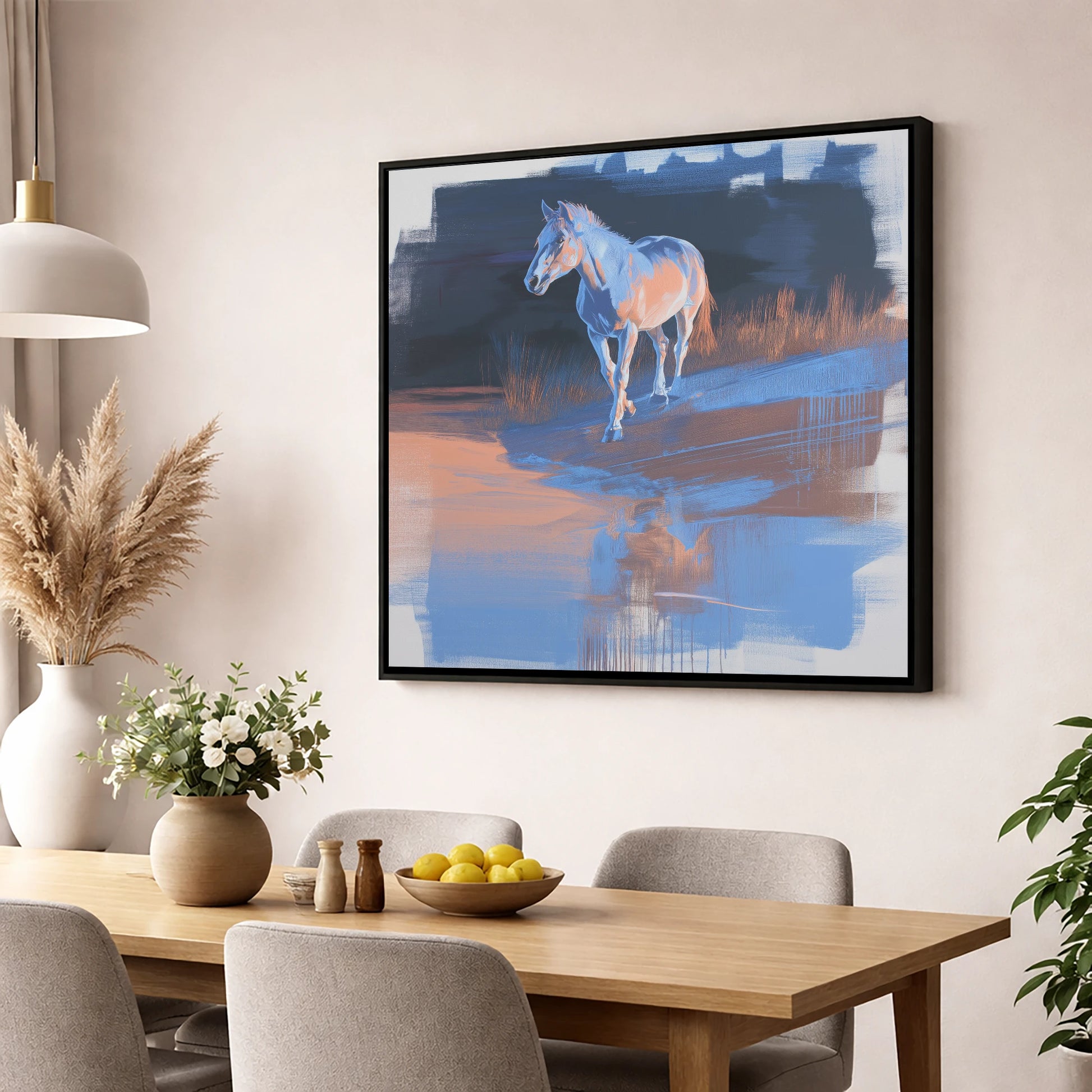 Cobalt Dawn Crossing horse landscape wall art displayed in a dining room