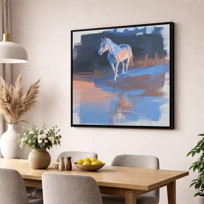 Cobalt Dawn Crossing horse landscape wall art displayed in a dining room