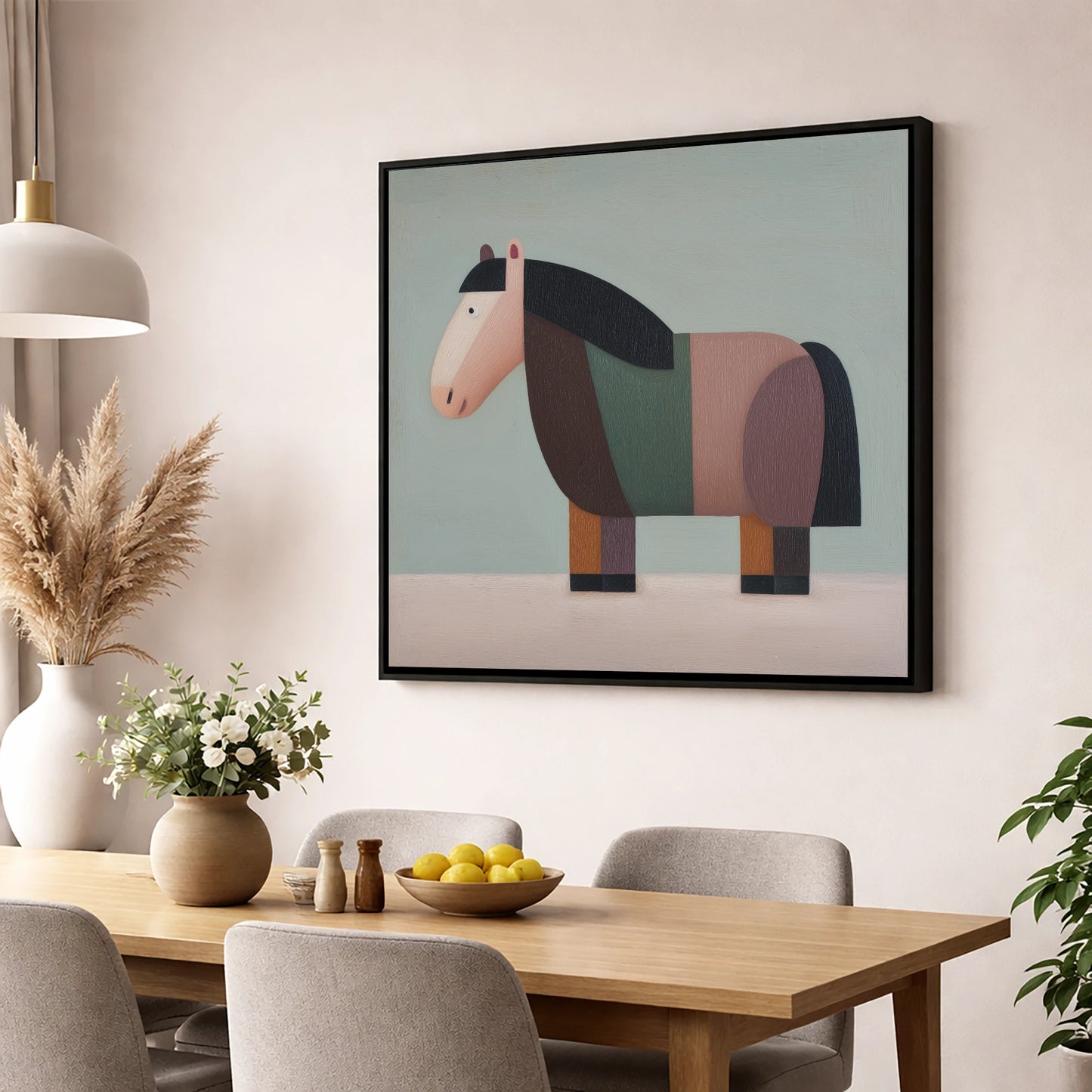 The Geometric Cob horse breed wall art displayed in a dining room