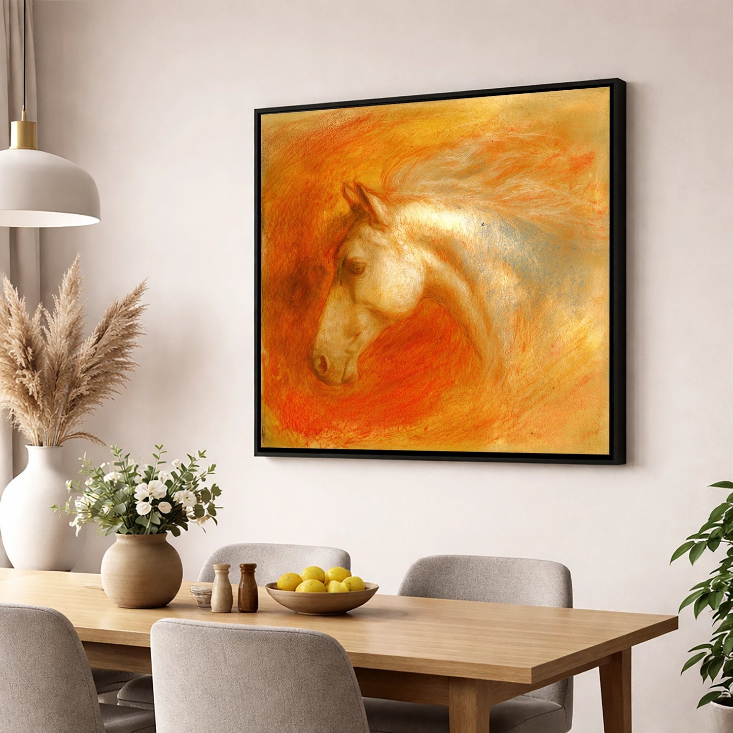 Radiant Terracotta Spirit horse portrait wall art displayed in a dining room