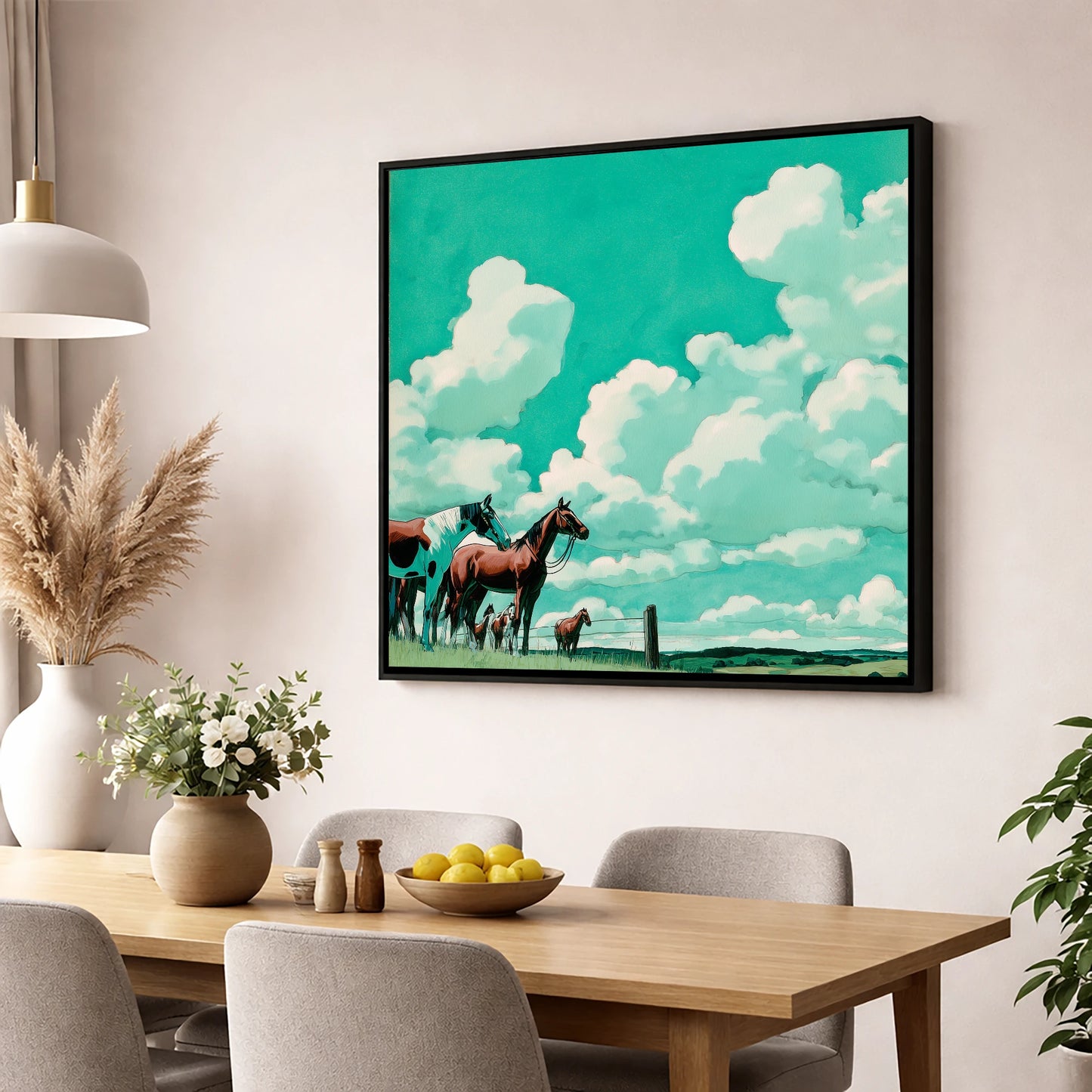Turquoise Sky Herd horse landscape wall art displayed in a dining room