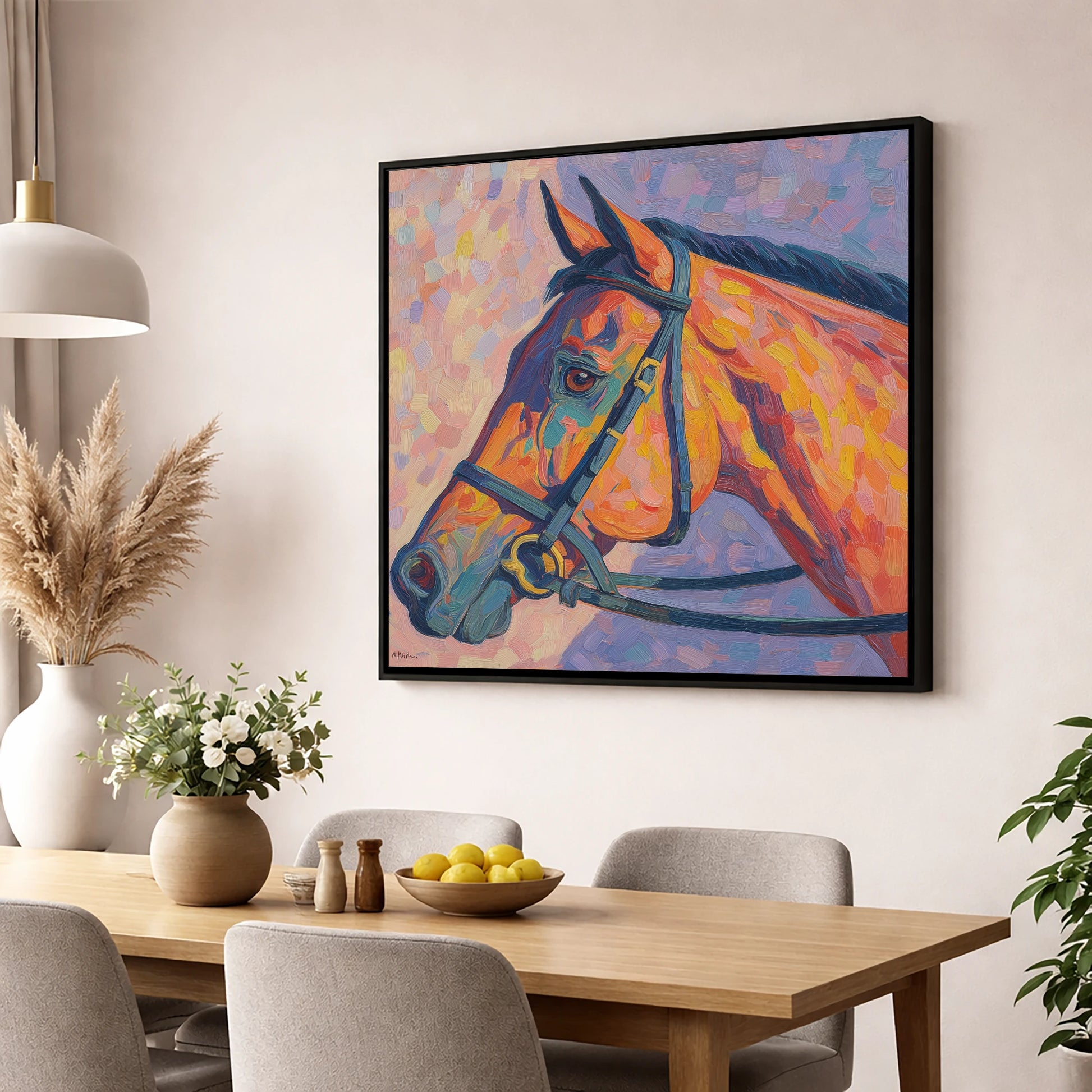 Vivid Equine Gaze racing horse wall art displayed in a dining room