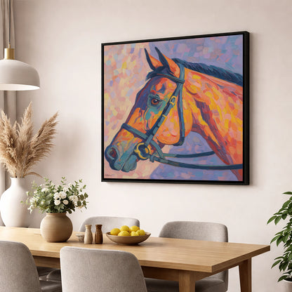Vivid Equine Gaze racing horse wall art displayed in a dining room