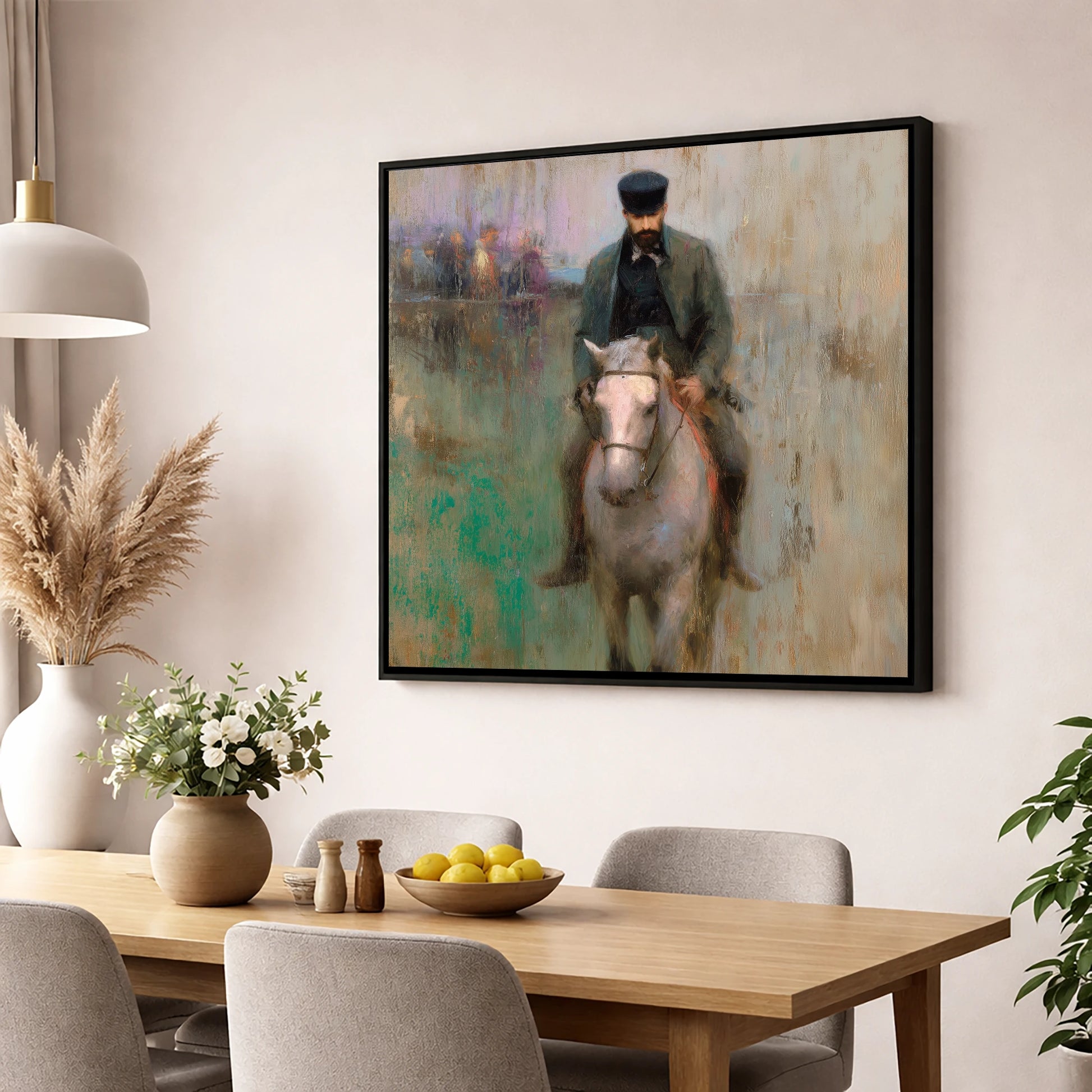 The Morning Work racing horse wall art displayed in a dining room