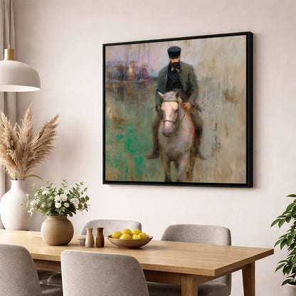 The Morning Work racing horse wall art displayed in a dining room