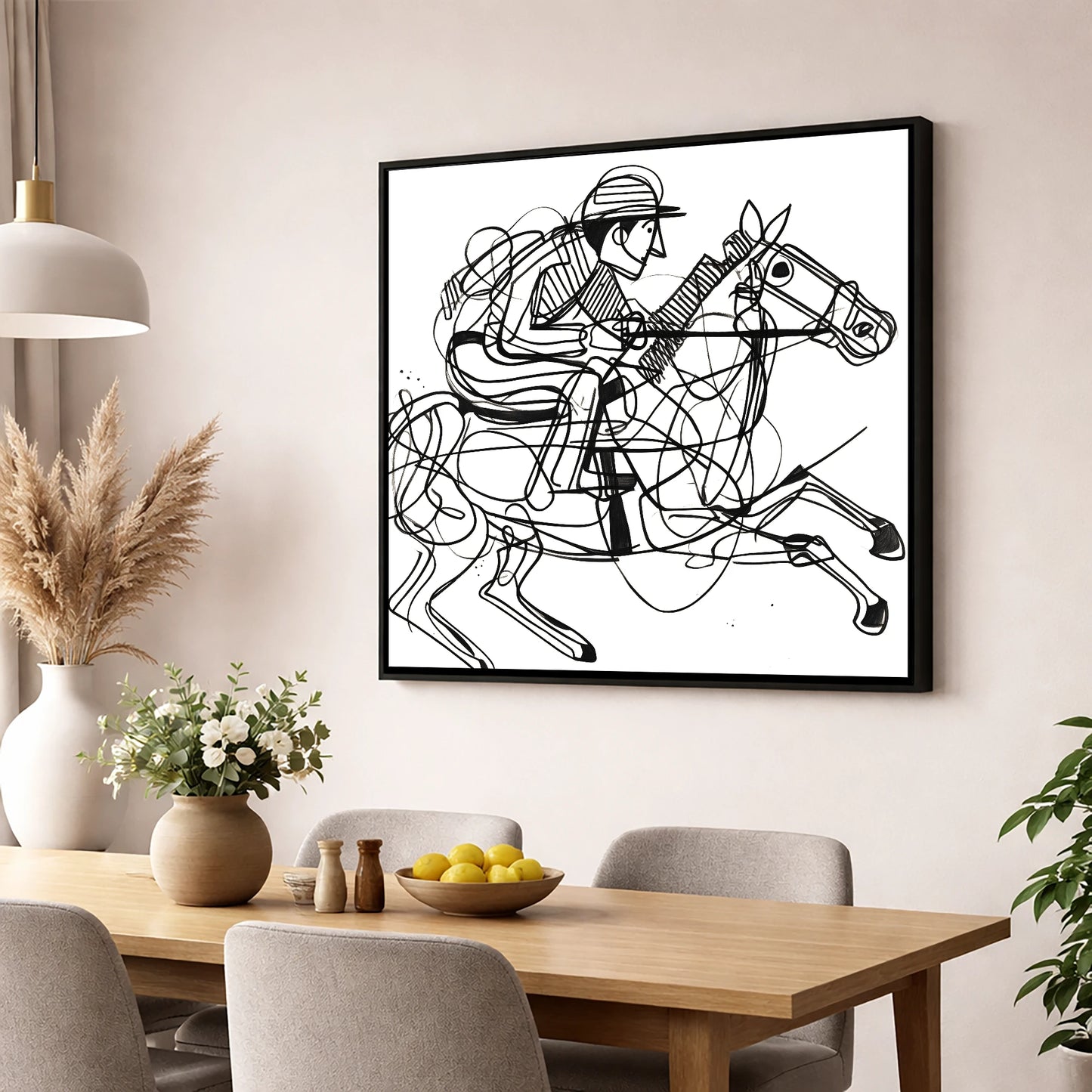 The Abstract Sprint racing horse wall art displayed in a dining room