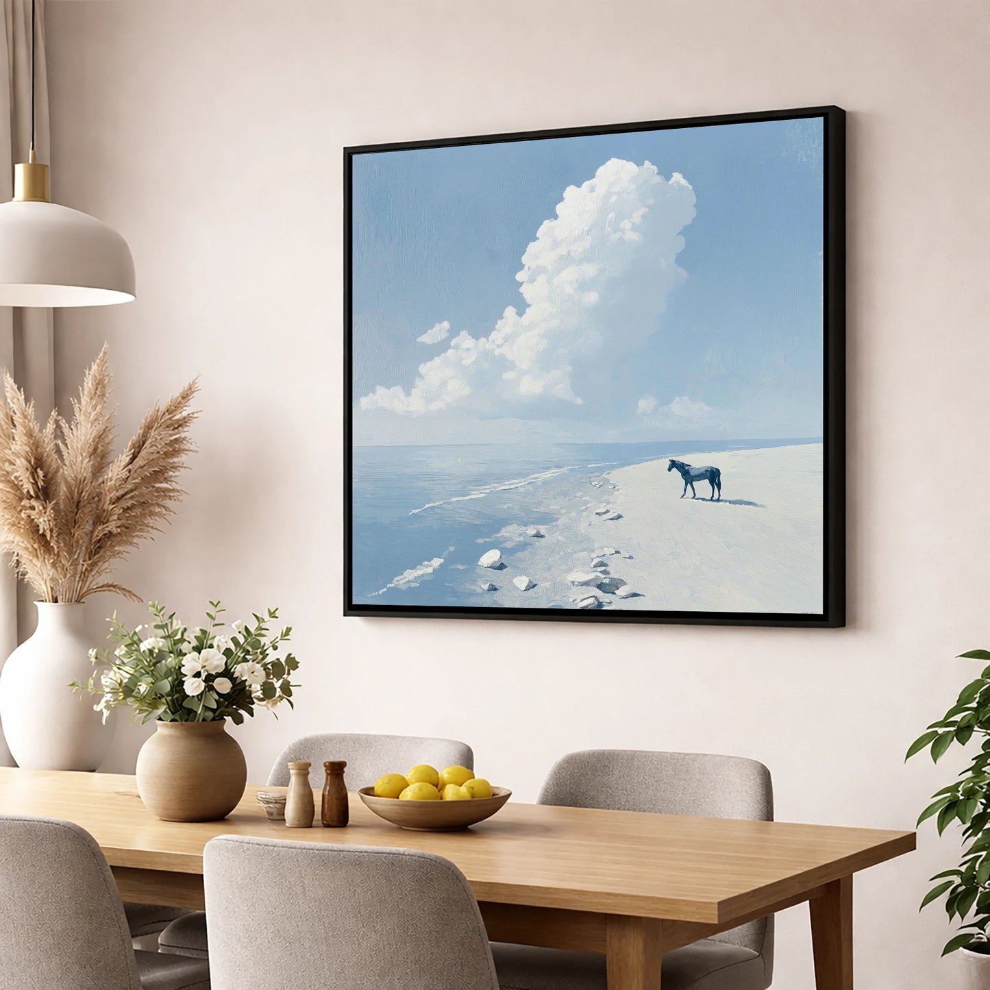 Solitary Coastal Watch horse landscape wall art displayed in a dining room
