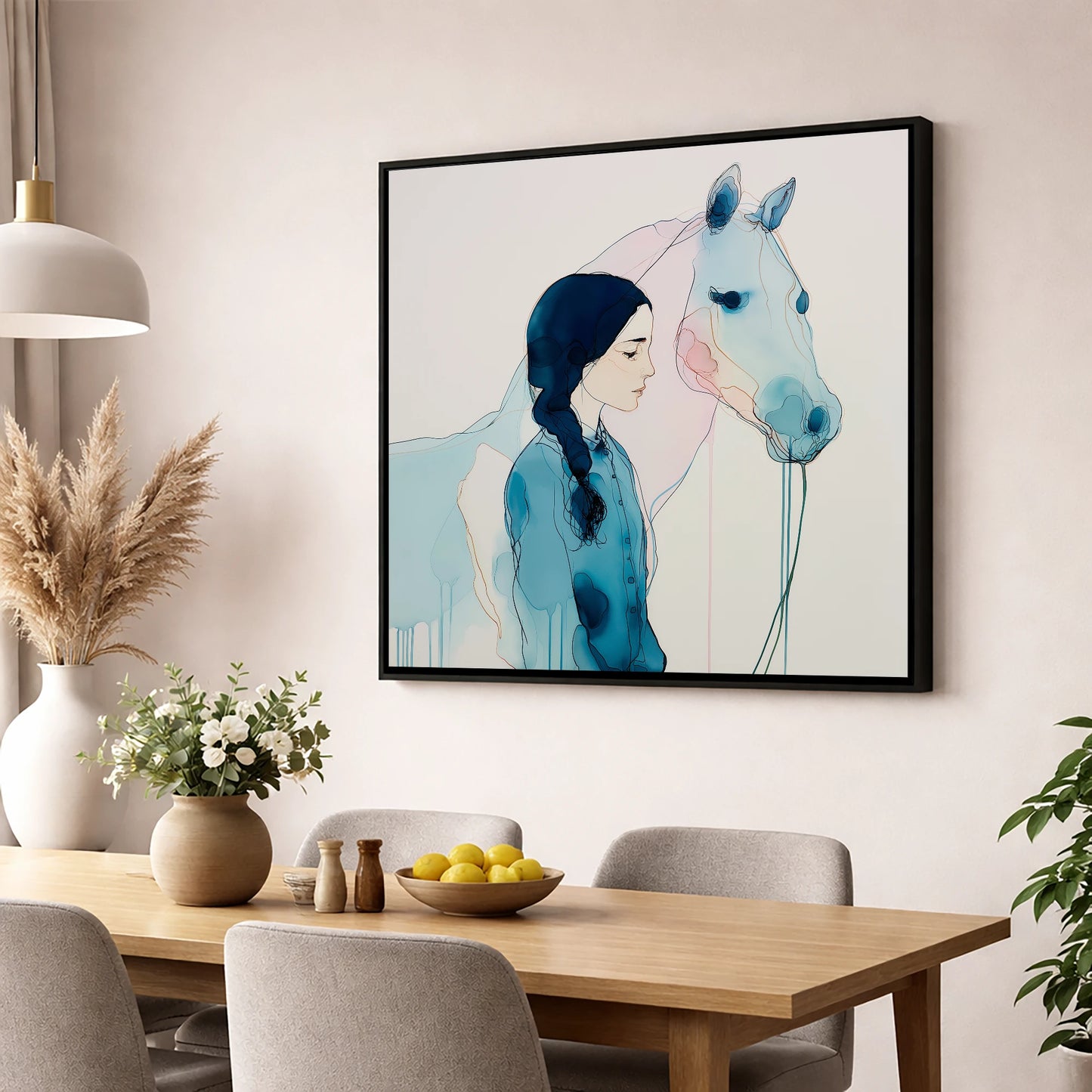 Ethereal Bond horse & rider wall art displayed in a dining room