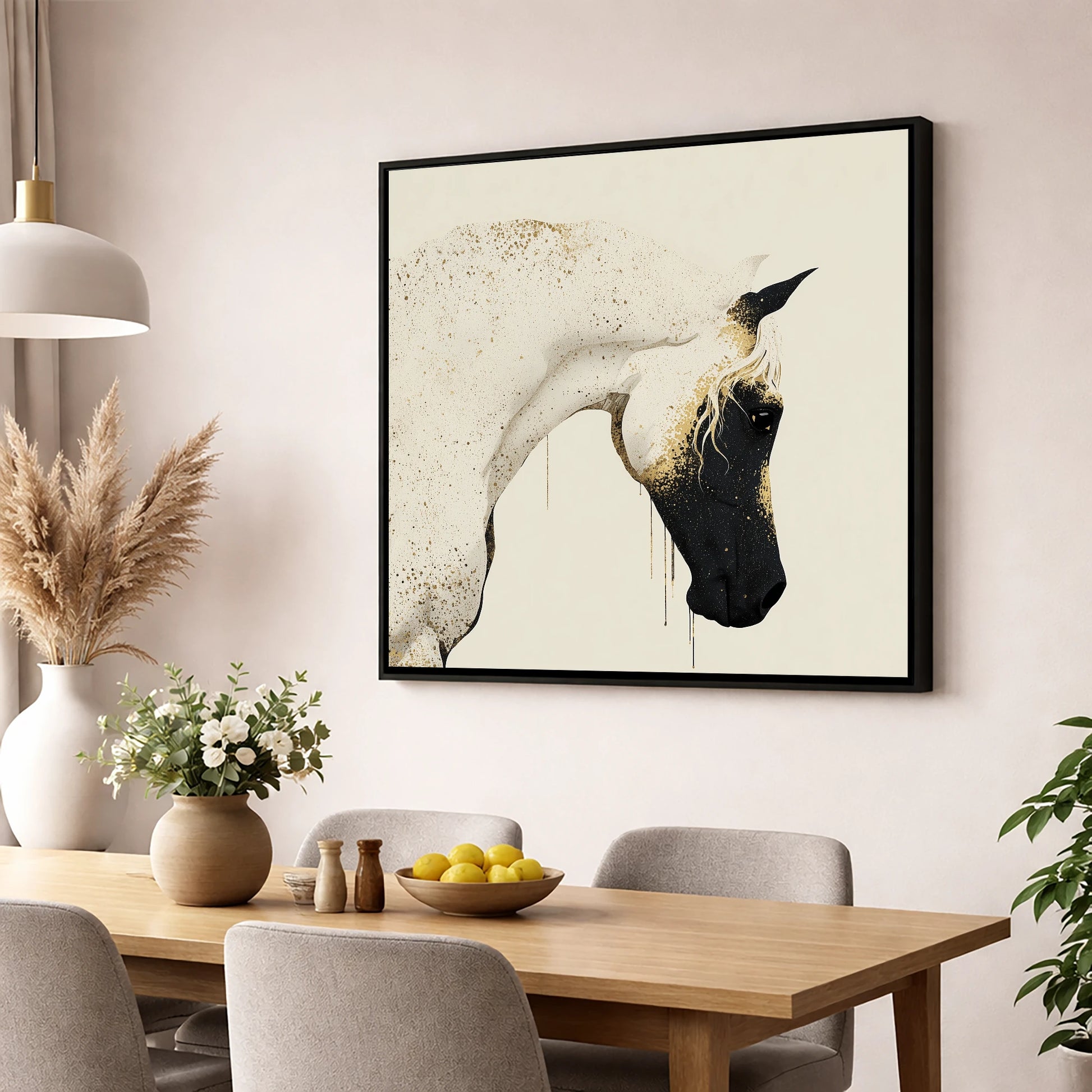 Gilded Splendour horse breed wall art displayed in a dining room