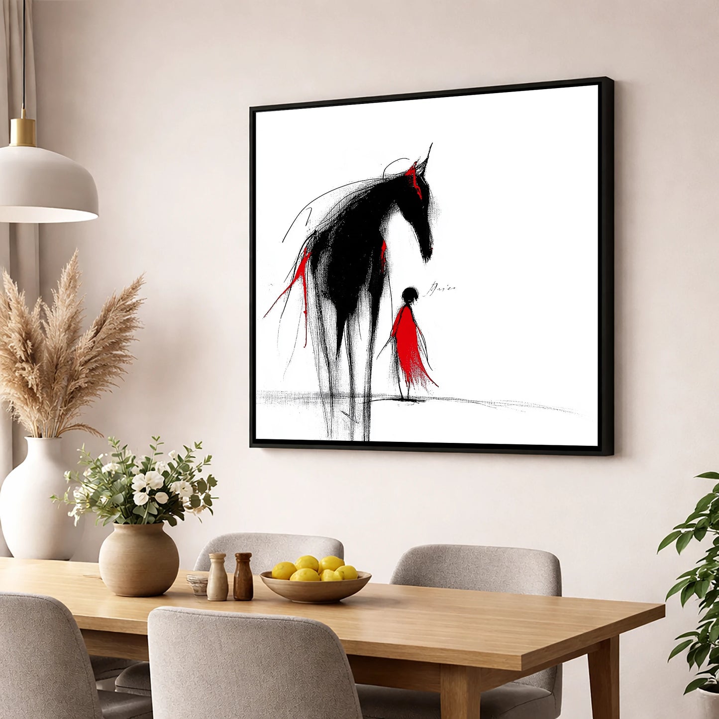 Crimson Silhouette horse & rider wall art displayed in a dining room