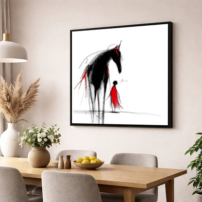 Crimson Silhouette horse & rider wall art displayed in a dining room