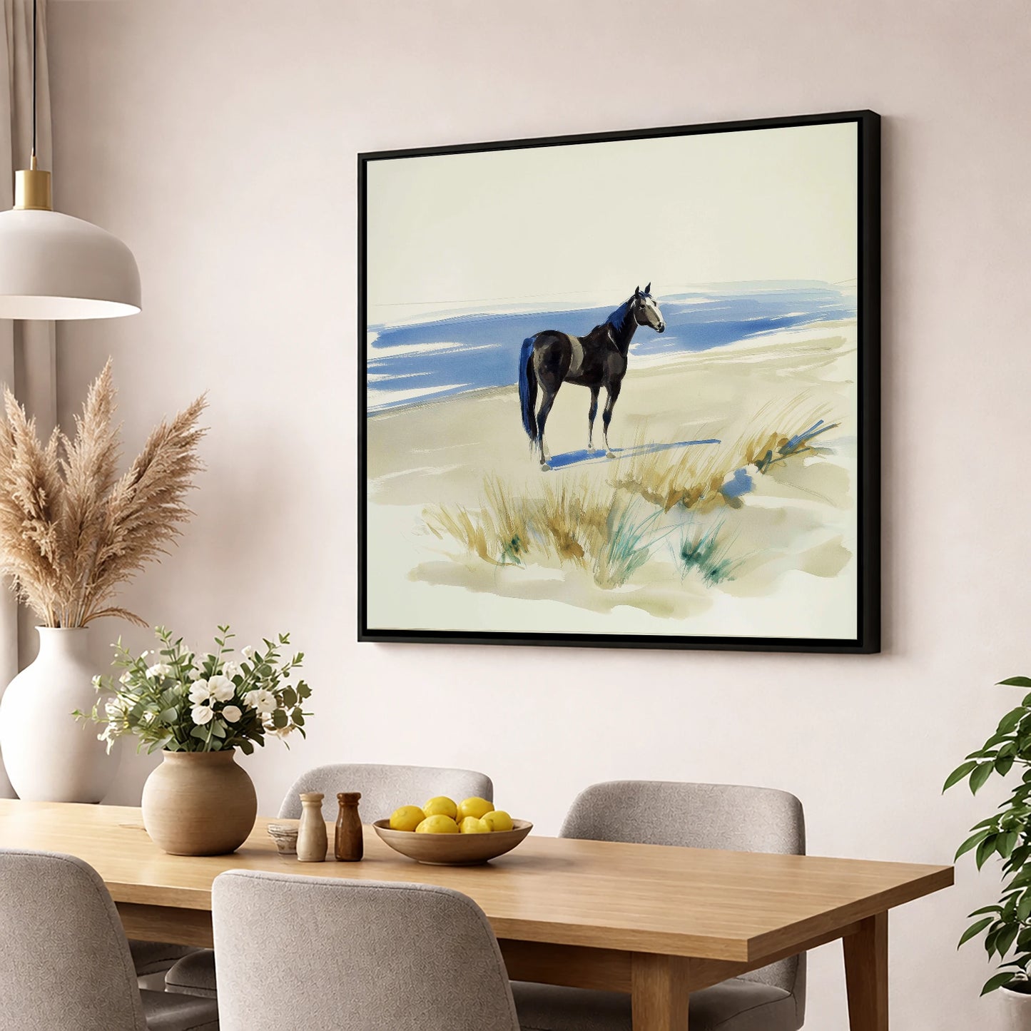 Coastal Silhouette horse landscape wall art displayed in a dining room