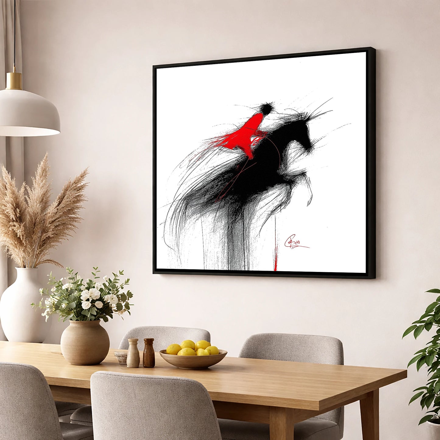 Crimson Flight show jumping horse wall art displayed in a dining room