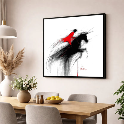 Crimson Flight show jumping horse wall art displayed in a dining room