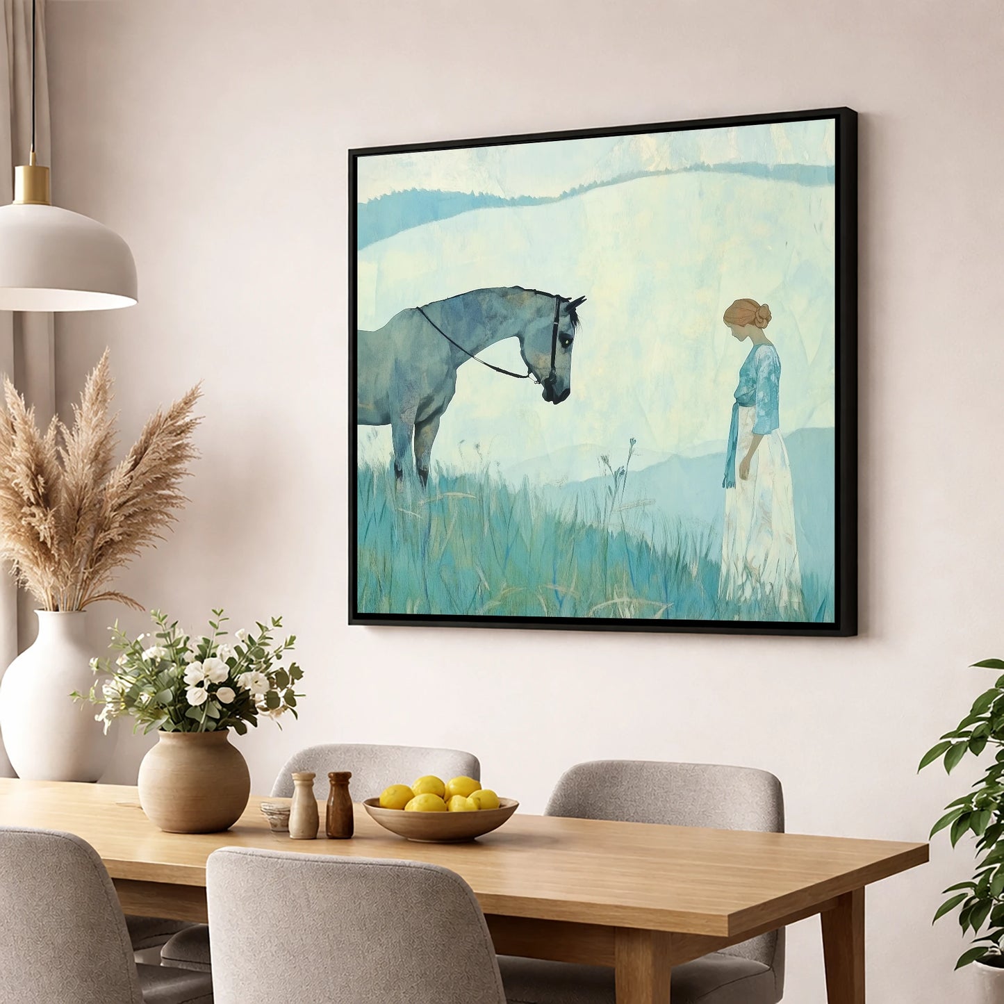 Gentle Regard horse & rider wall art displayed in a dining room